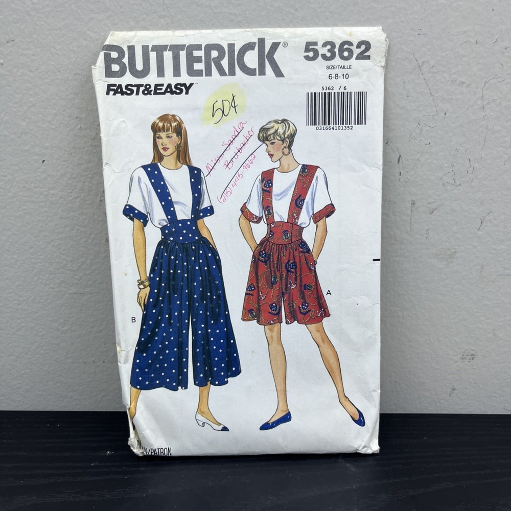 Vintage Butterick 5362 Suspender Skirt & Culottes Sewing Pattern Sizes 6-8-10